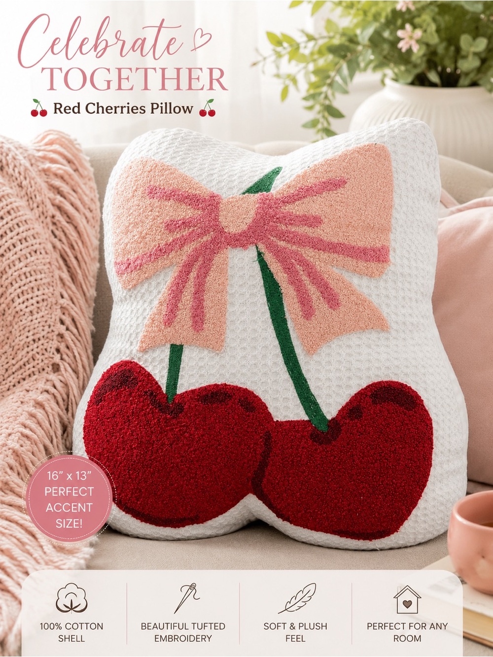 Red Cherries Tufted Accent Pillow